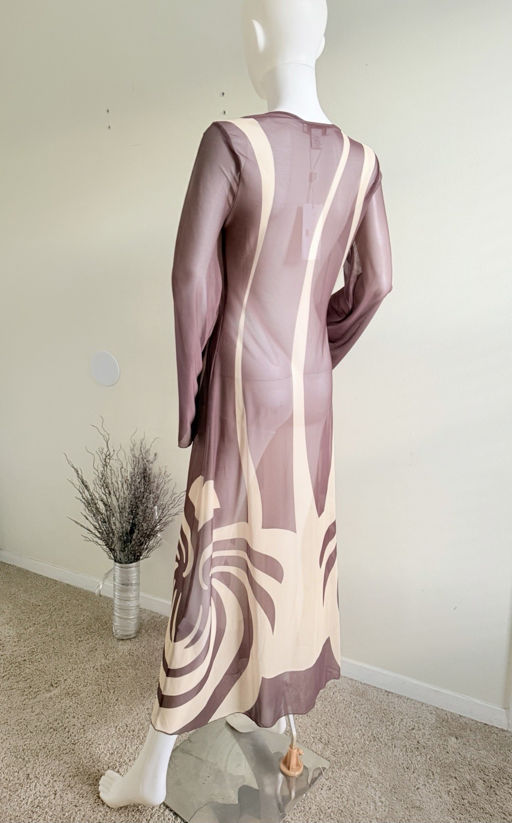 Caroline Constas XS Mesh Maxi Dress Brown Beige Abstract V-Neck Sheer Bell