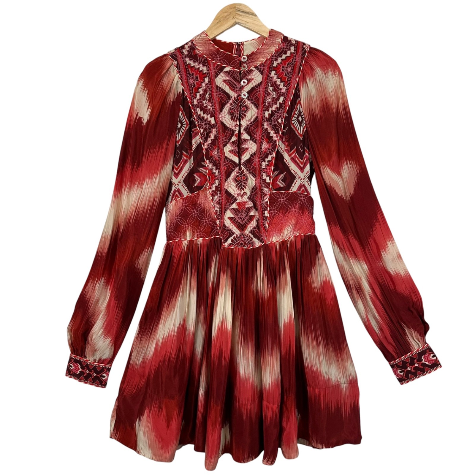 Farm Rio Ikat Boho Quilted Embroidery Puff Sleeve Mini Dress Size S Festival 70s