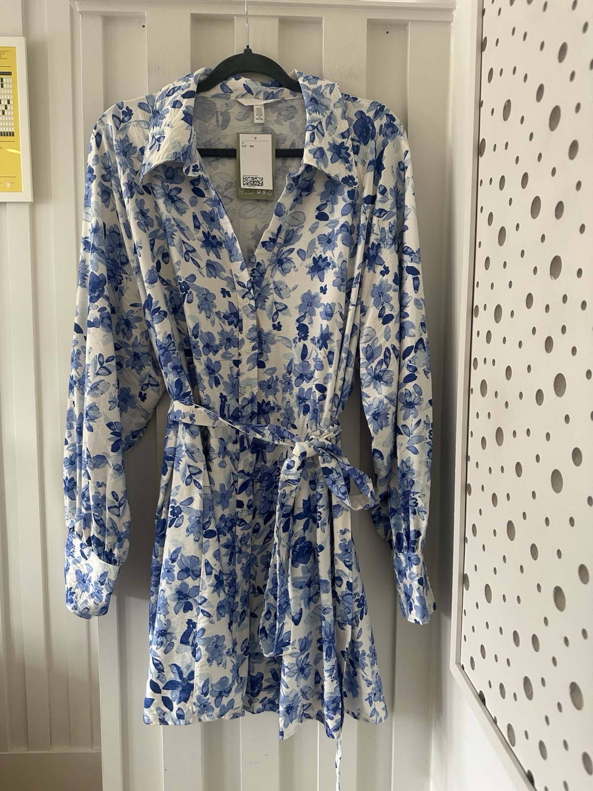 H&M Blue Floral Mini Shirt Dress Long Sleeve Button Tie Belt Short XXL UK 24-26