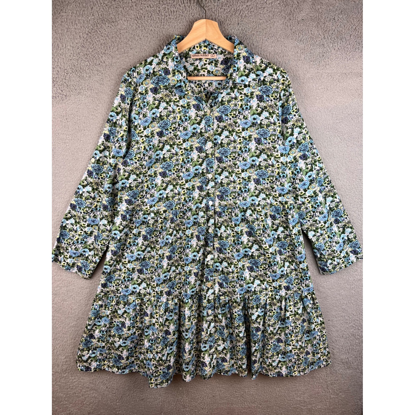 Dress Addict Blue Green Floral Tiered Button Front Cotton Shirt Dress Womens L