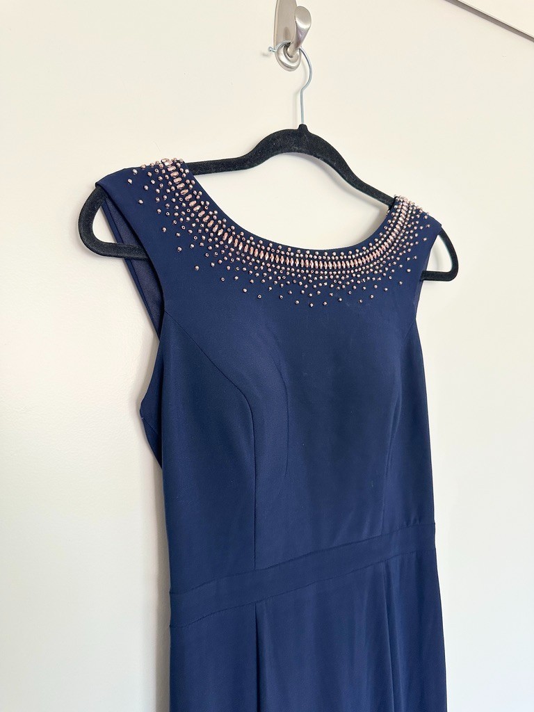 Xscape Beaded Ruffle Trumpet Hem Gown Navy Blue Mother of Bride Plunge Women’s 6