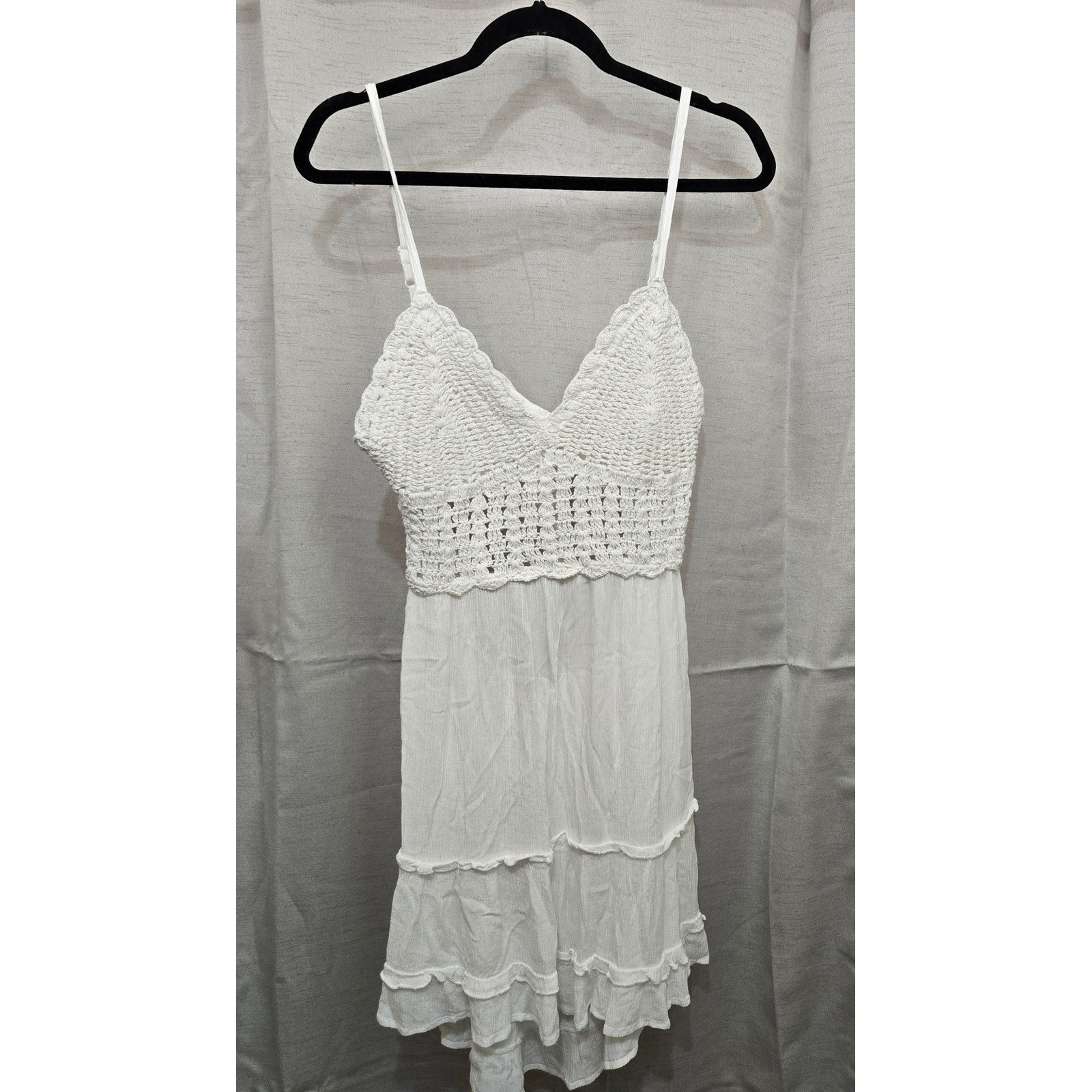 Indulge White Crochet Bodice Mini Dress Boho Ruffle Tiered Open Back XL