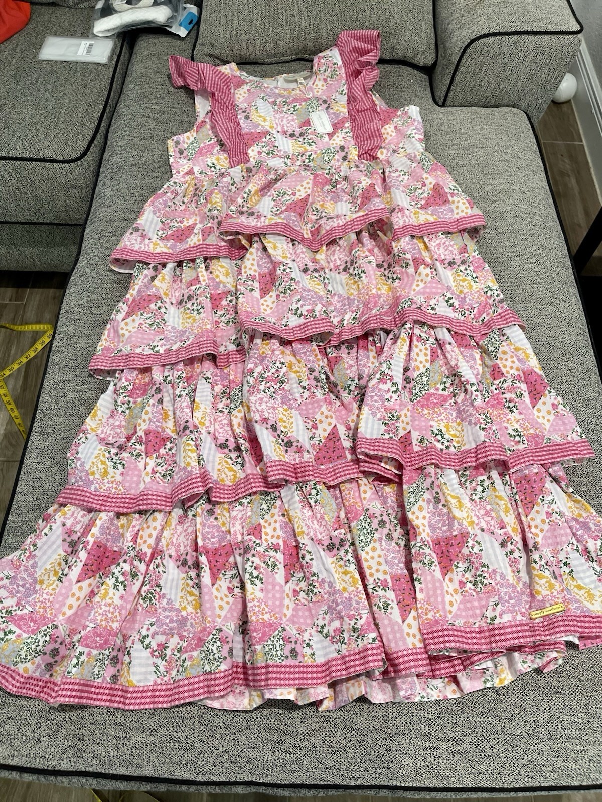 Simply Southern Hailey Quilted Patchwork Pink Tiered Maxi Dress Floral Size XL