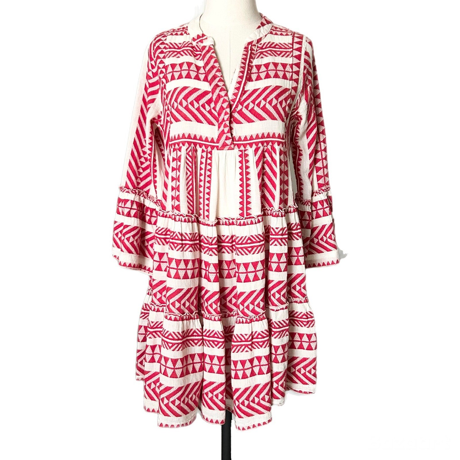 Devotion Twins Ella Red White Embroidered Jacquard Tiered Mini Dress XS