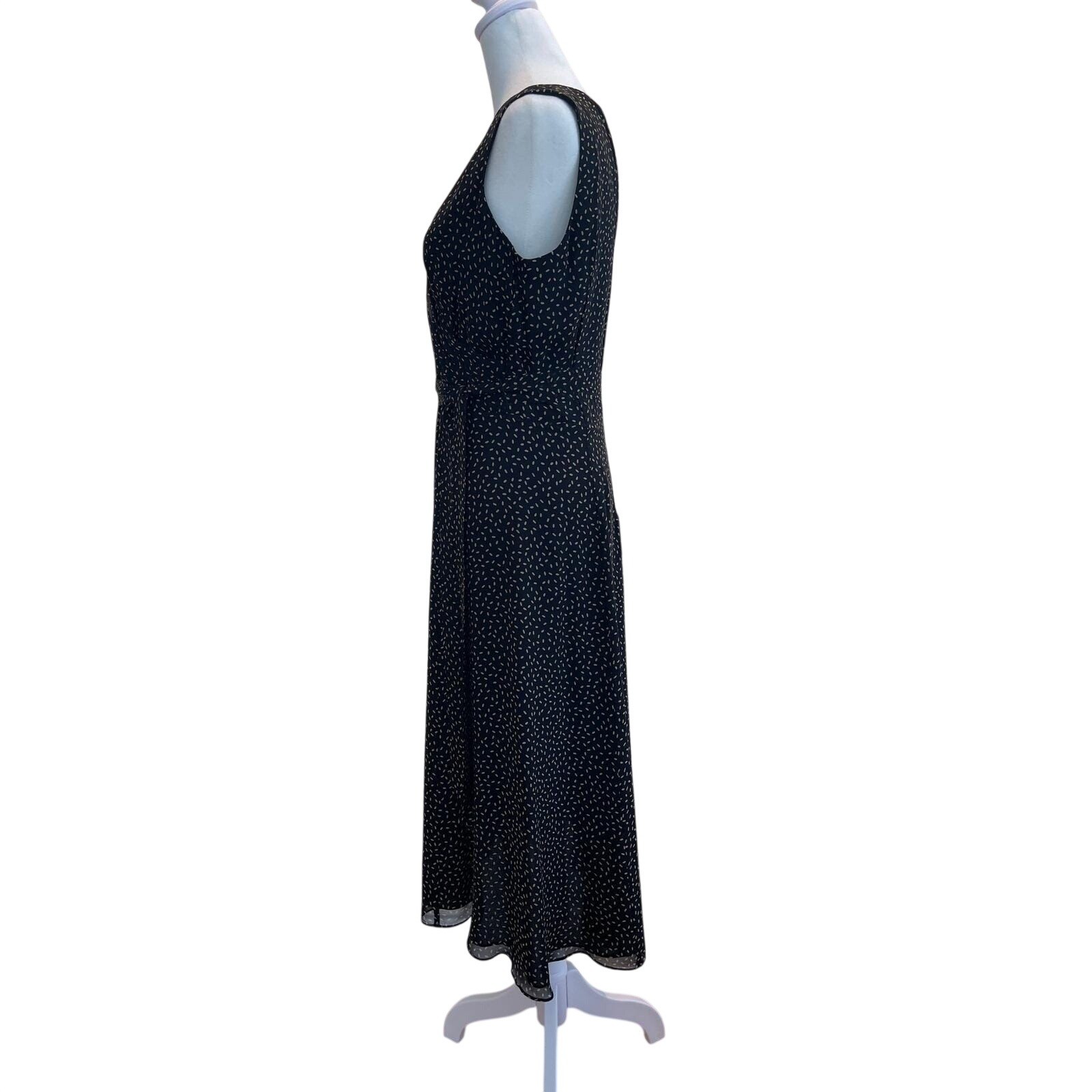 Talbots Petites Pure Silk Sleeveless Midi Wrap Dress Dot Print Black Tan Size 8P