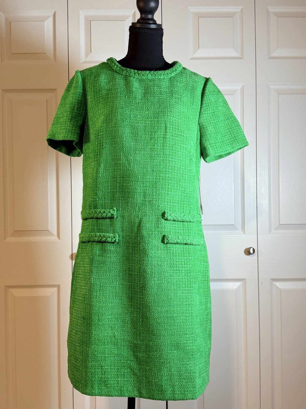 Eliza J Green Tweed Shift Knee Length Dress Fringe Crew Neck Zip Short Sleeve 10