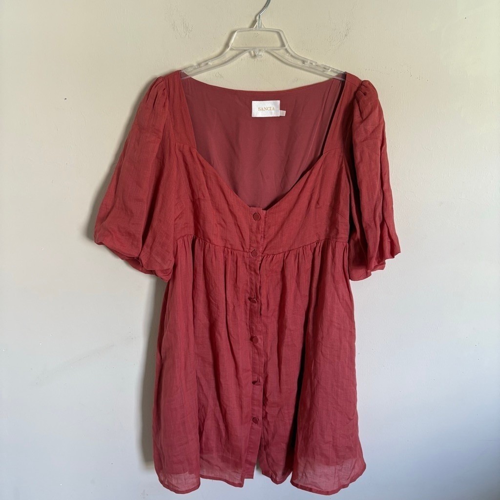 Sancia The Amalia Dress In Watermelon Large Puff Sleeve Button Front $249