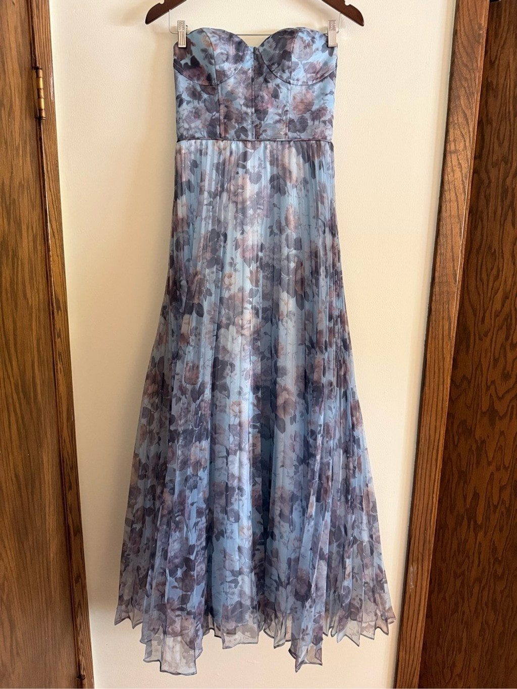 Lulu’s Strapless Blue Floral Pleated Organza Gown Most Beautiful Day Maxi Dress