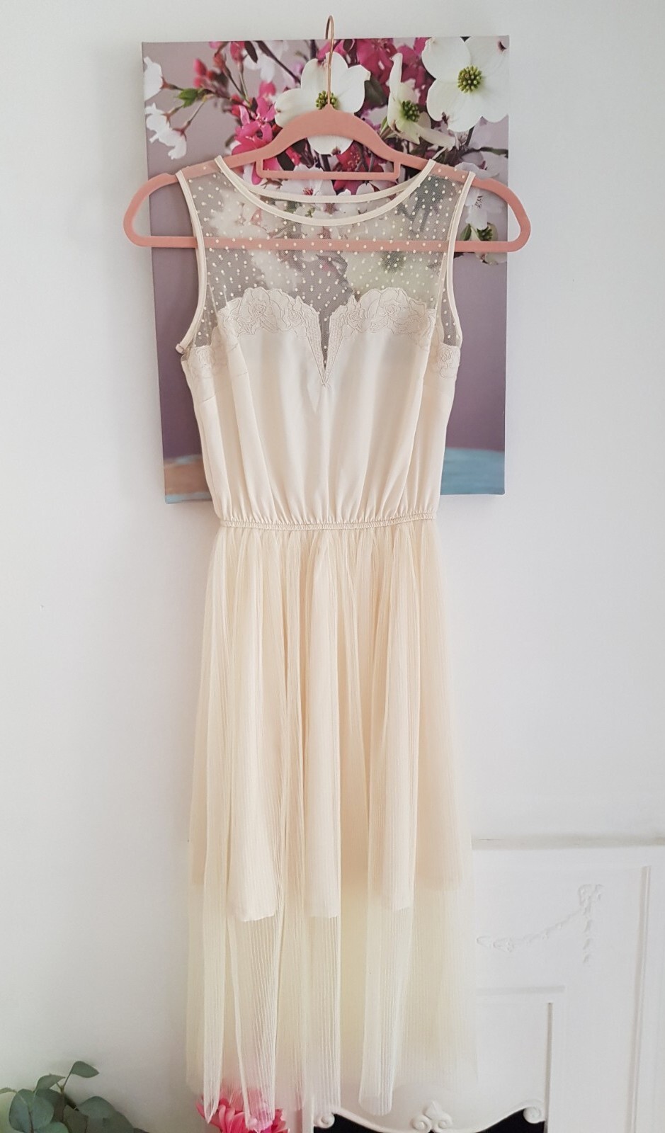 Tokyo Doll Cream Embroidered Tulle Midi Dress, Size UK 8 Lined