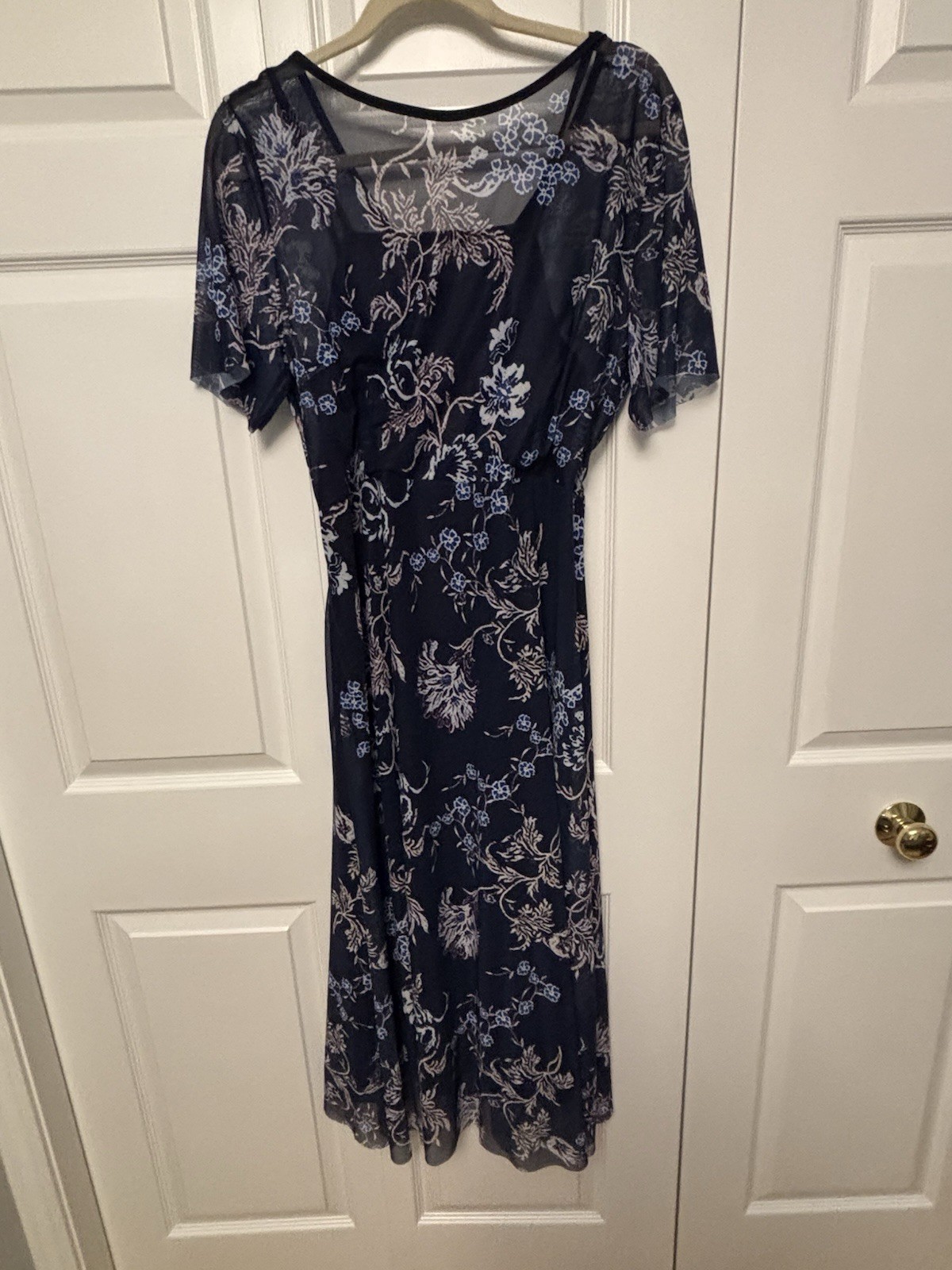 Women’s Sheer Mesh Overlay Lined Navy Floral Romance Fairy Dress Sz L