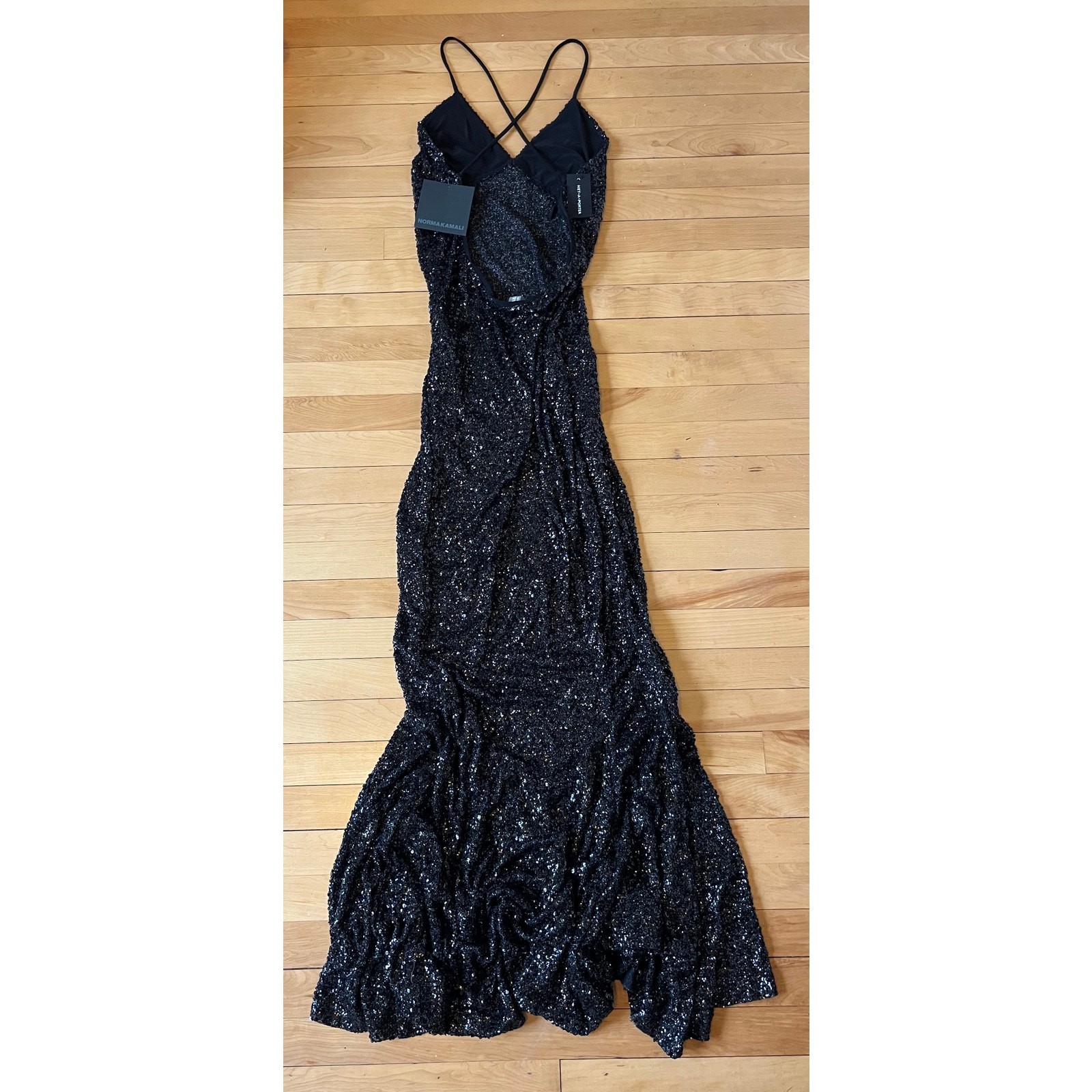 Norma Kamali Sparkle Sequin Low Back Fishtail Gown Black XL NWT Revolve Style