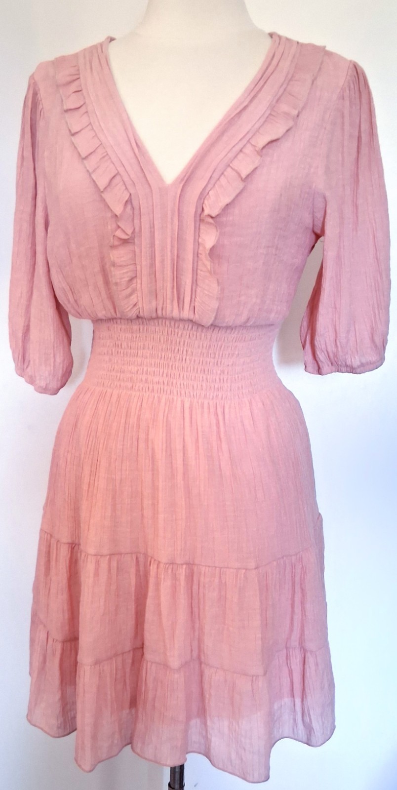 J Gee Dusty Rose Pink Petite XL Rayon Dress Smocked Tiered Lined Slip On
