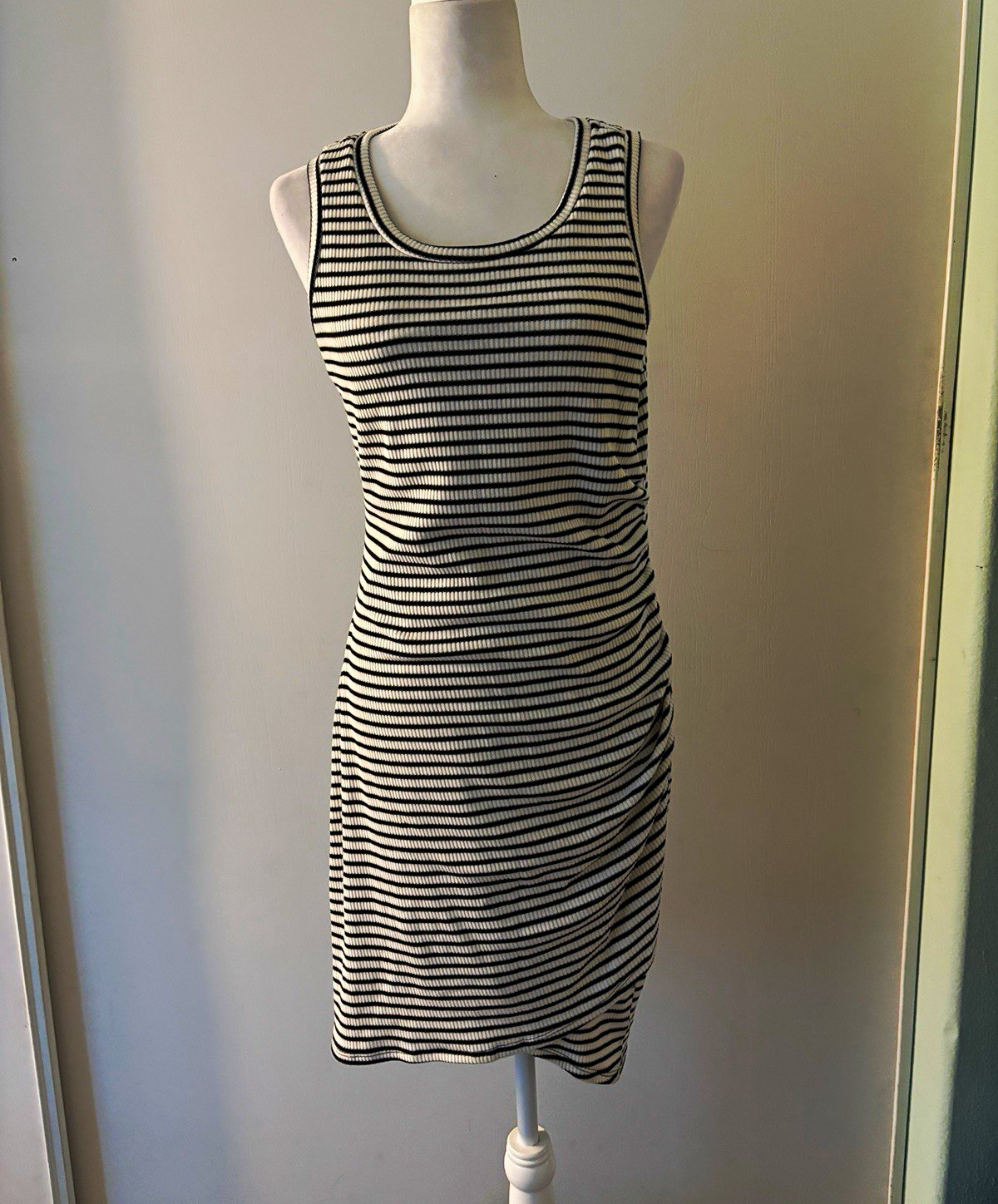Olivia Grey Black/White Striped Scoop Neck Stretch Knit Tank Knee Dress S