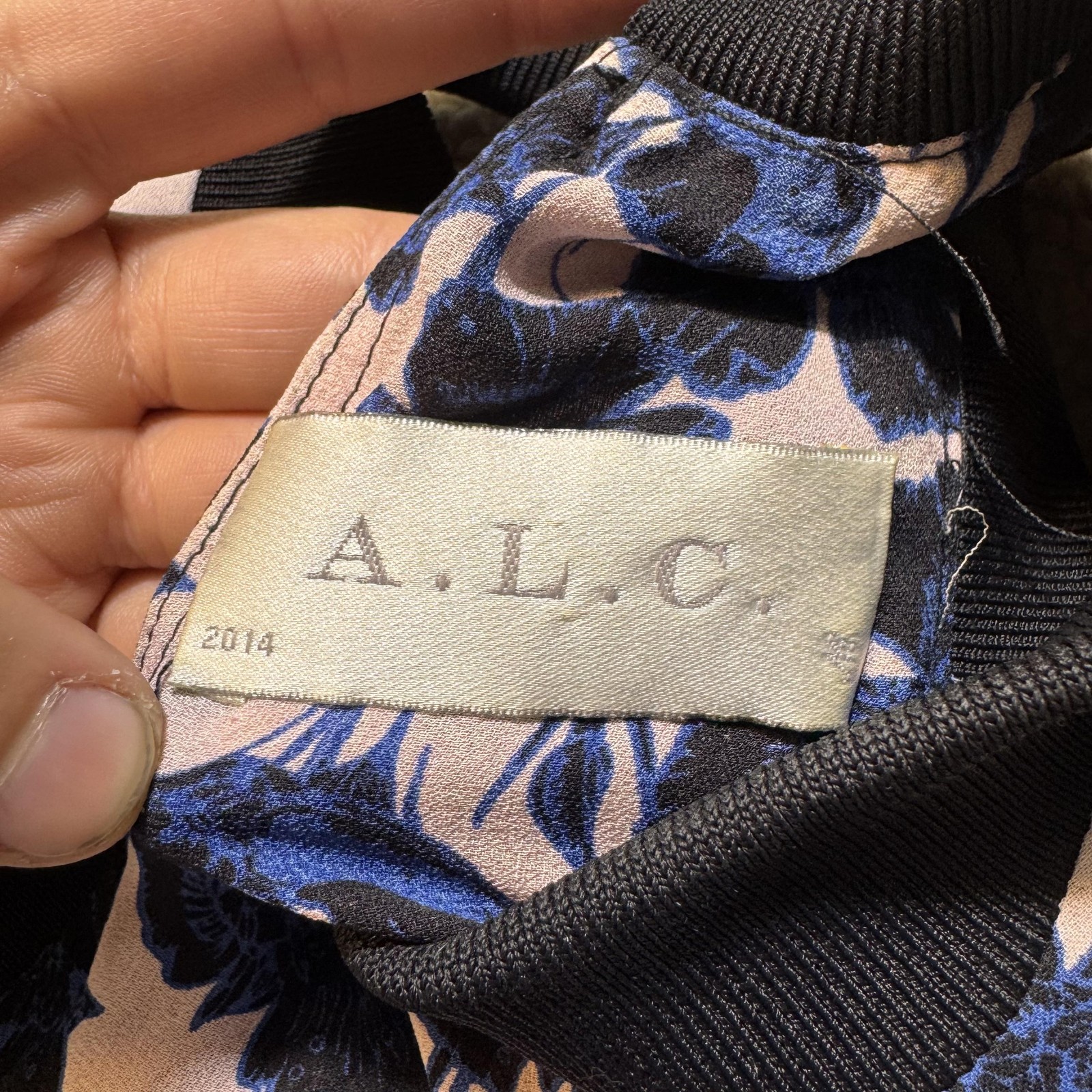 A.L.C. Dress Womens Small Blue Black Floral Silk Sleeveless Shift Made USA 2014