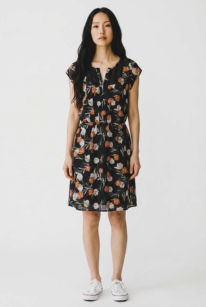 Daniel Rainn Womens Medium Floral Tunic Dress Navy Orange Crochet Trim