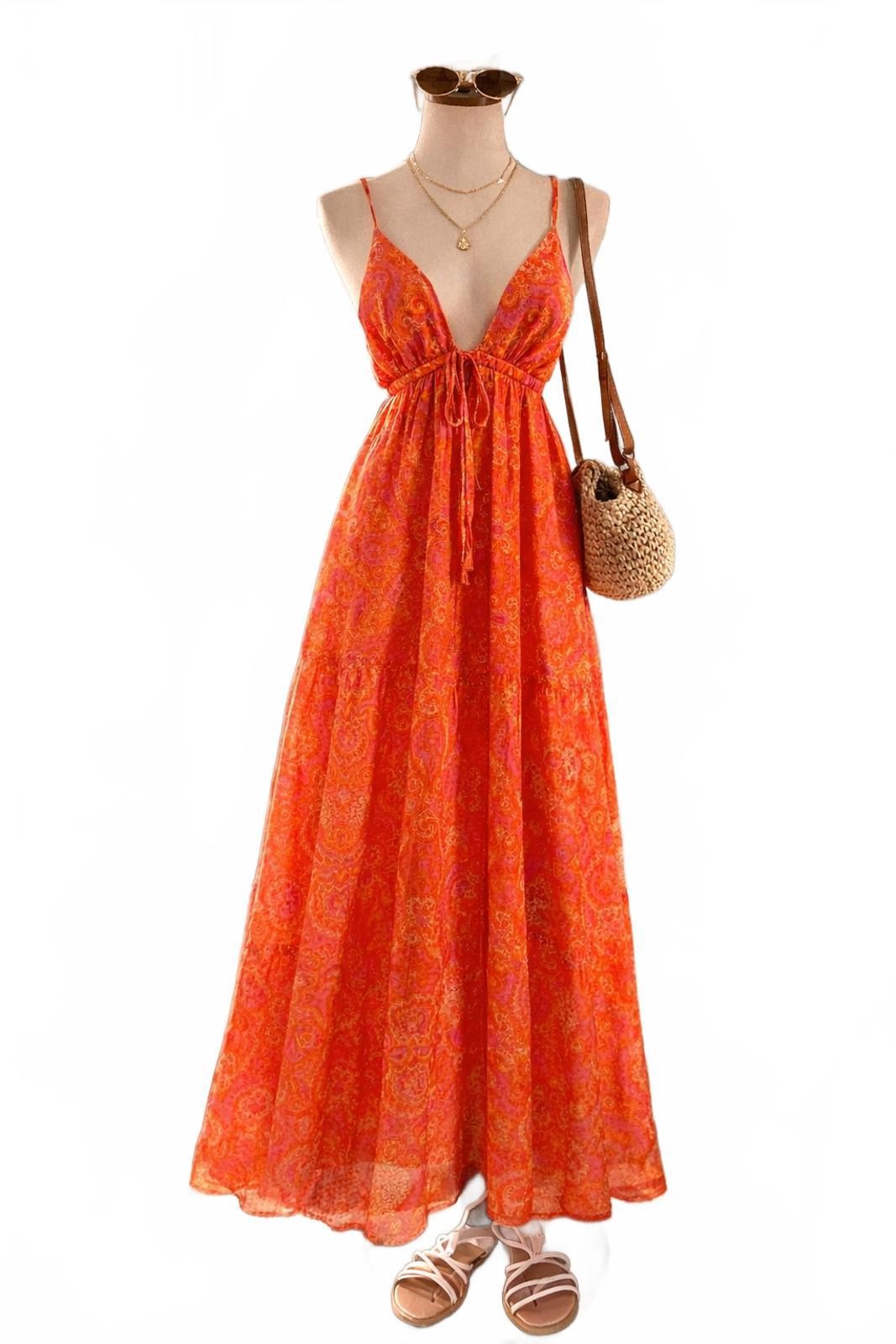 Miguelina 100% Silk Open Back Paisley Maxi Dress