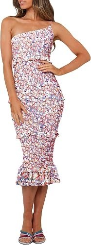 Women’s Midi Bodycon One Shoulder Strap Tiered Ruffle Blue Red Floral Dress-M