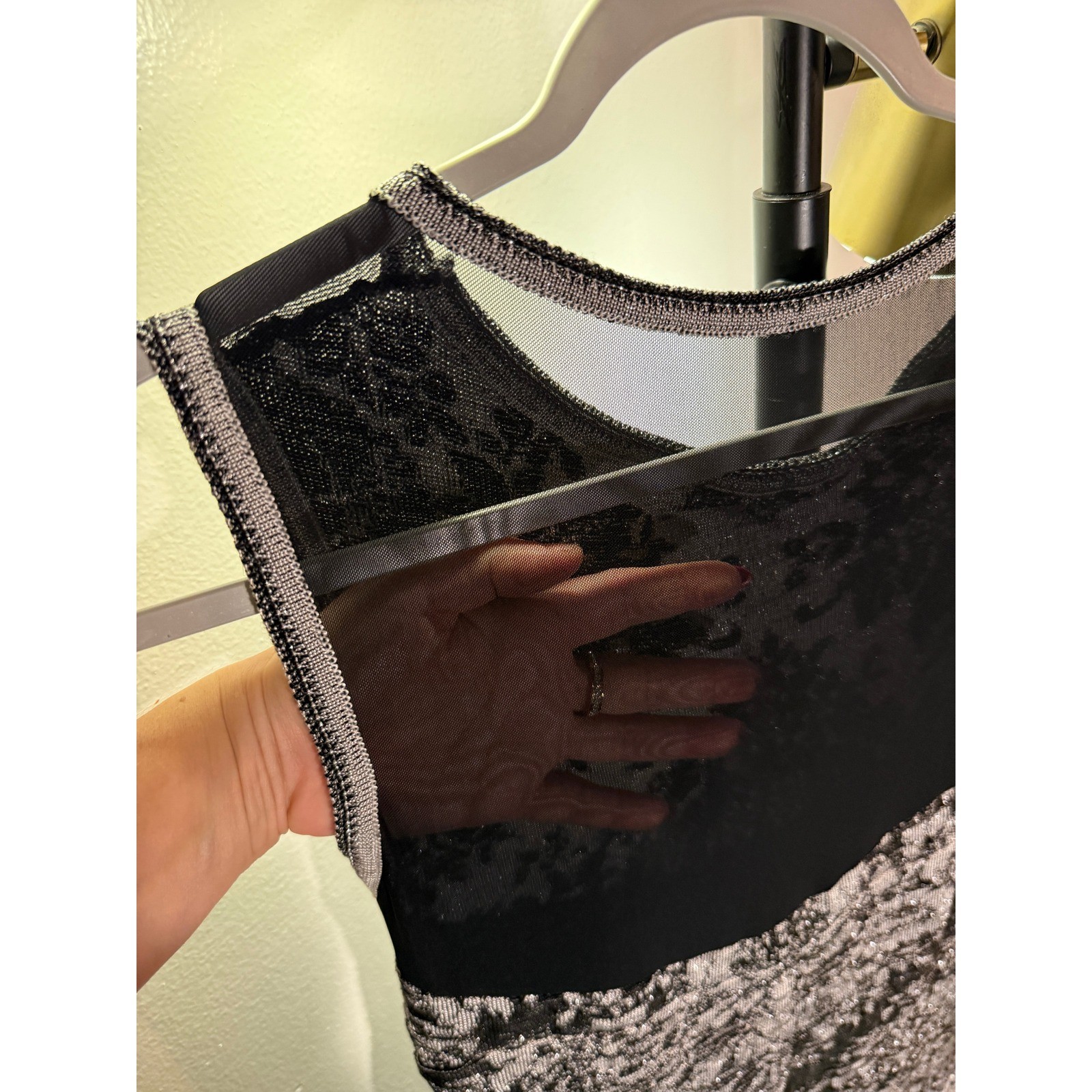 Le Lis stretch mini bodycon sheer panel damask SM black gray french grunge euc