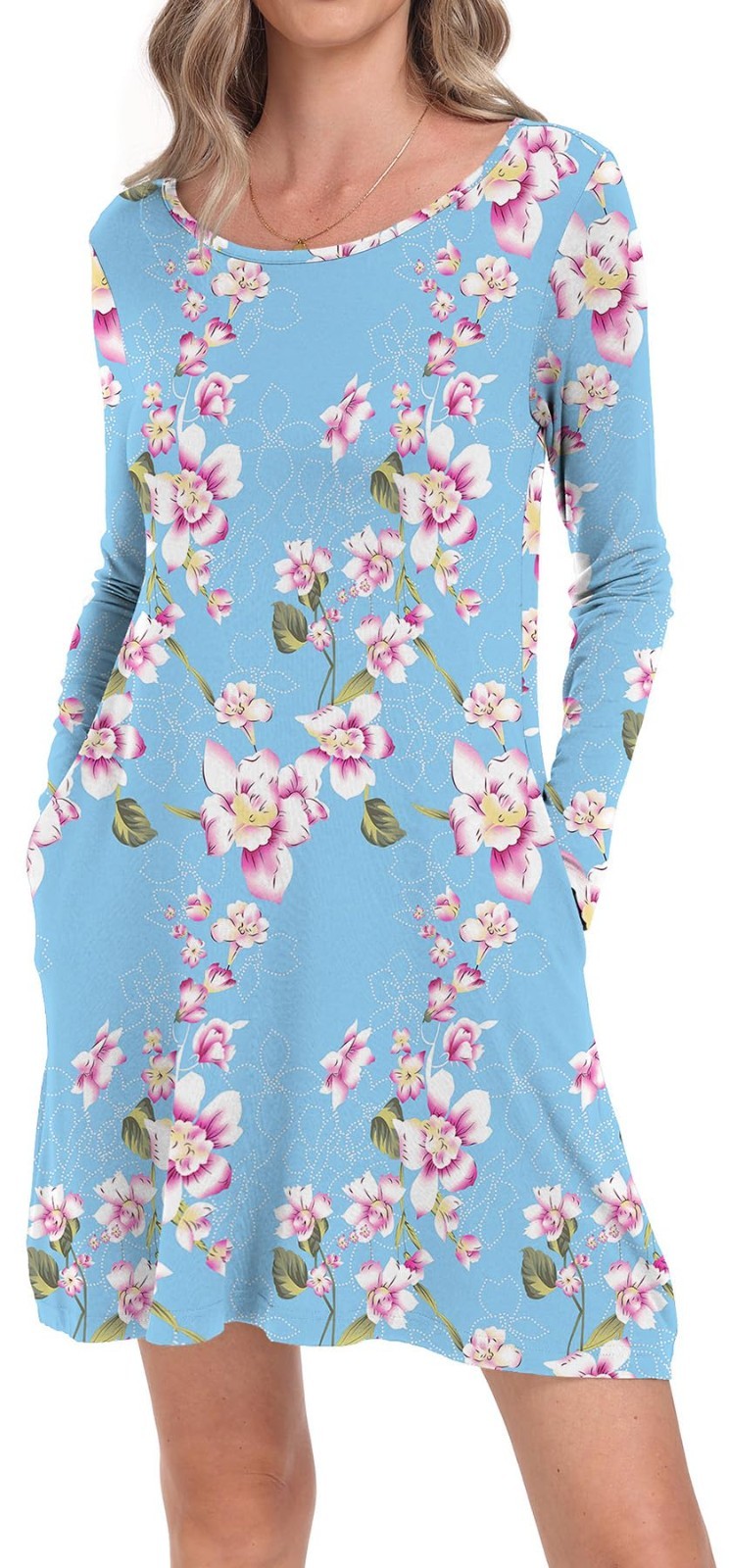 HiMONE Floral Print Stretchable Light Blue Dress, 2 Side Pockets Size SMALL