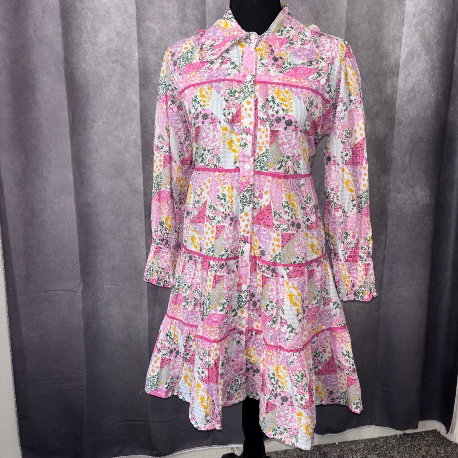 NWT Simply Southern Pink Patchwork Tiered Dress Cottagecore Pockets Size Medium