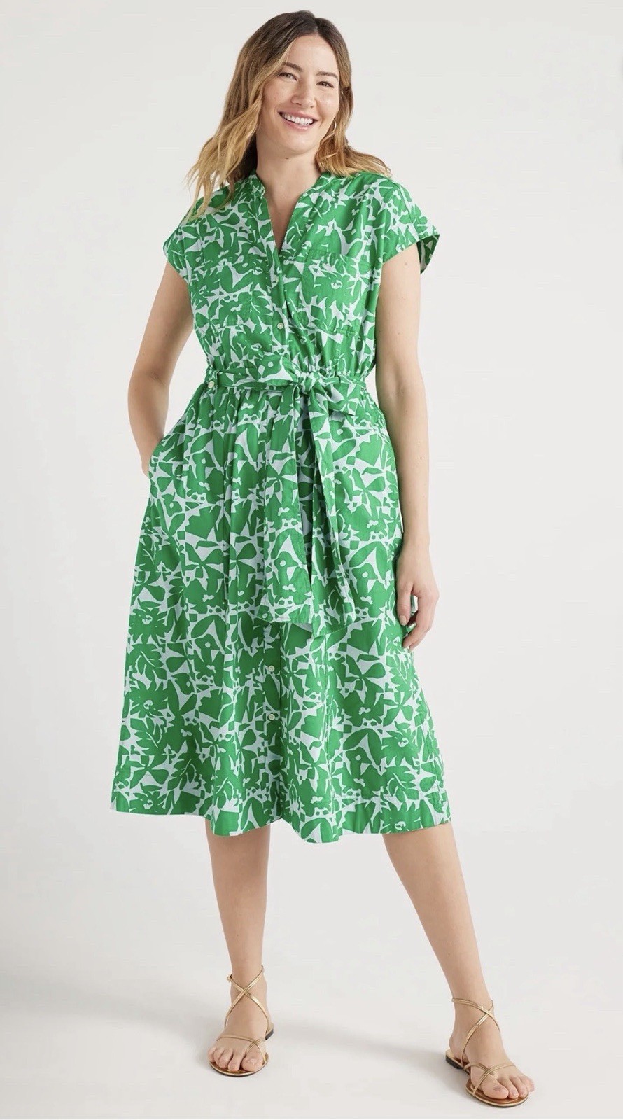 Free Assembly Belted Utility Cotton Midi Shirt Dress Green Button Up Sz M