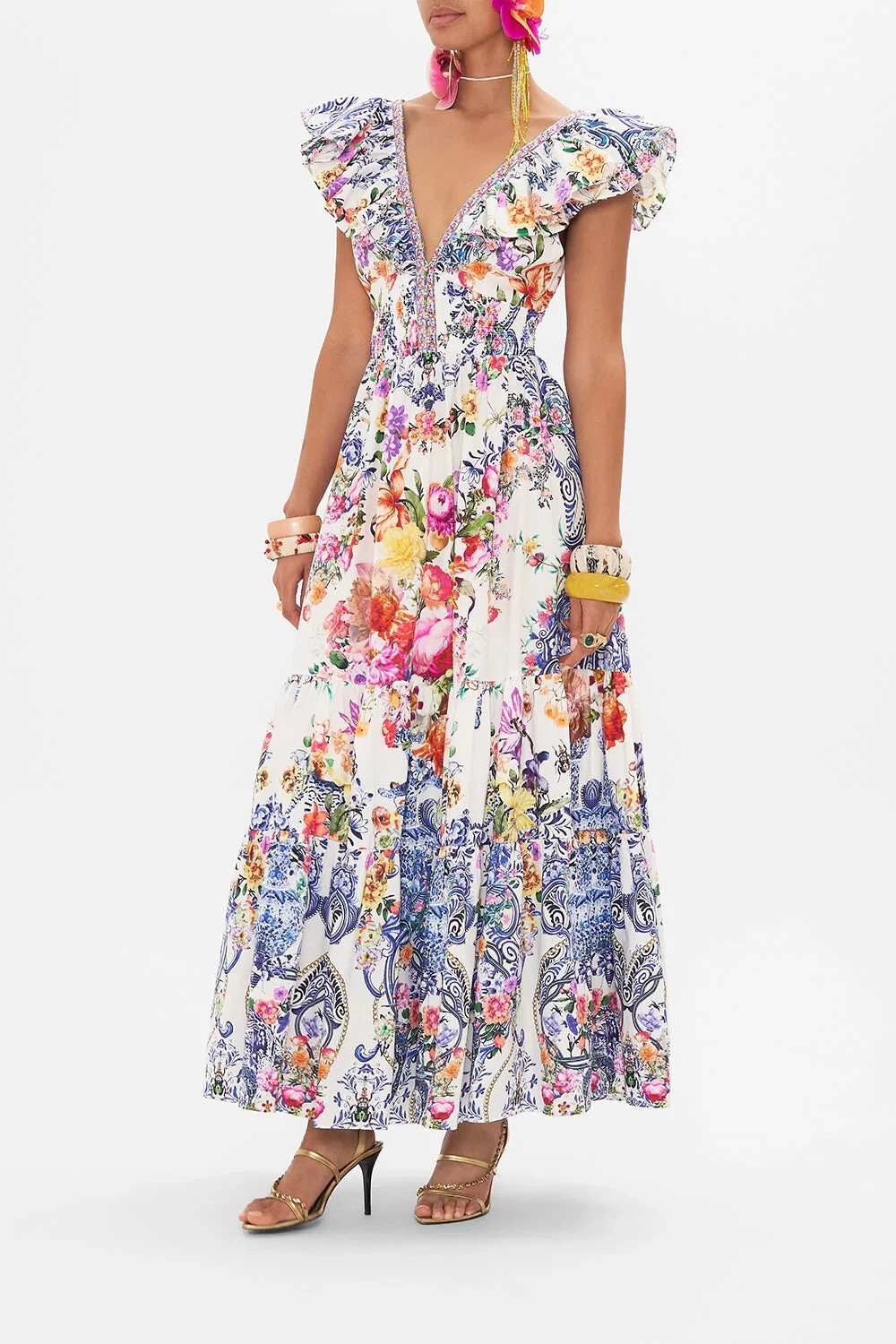 CAMILLA “Dutch Is Life” Tiered Frill Cotton V-Neck Open Back Maxi Dress, L $899