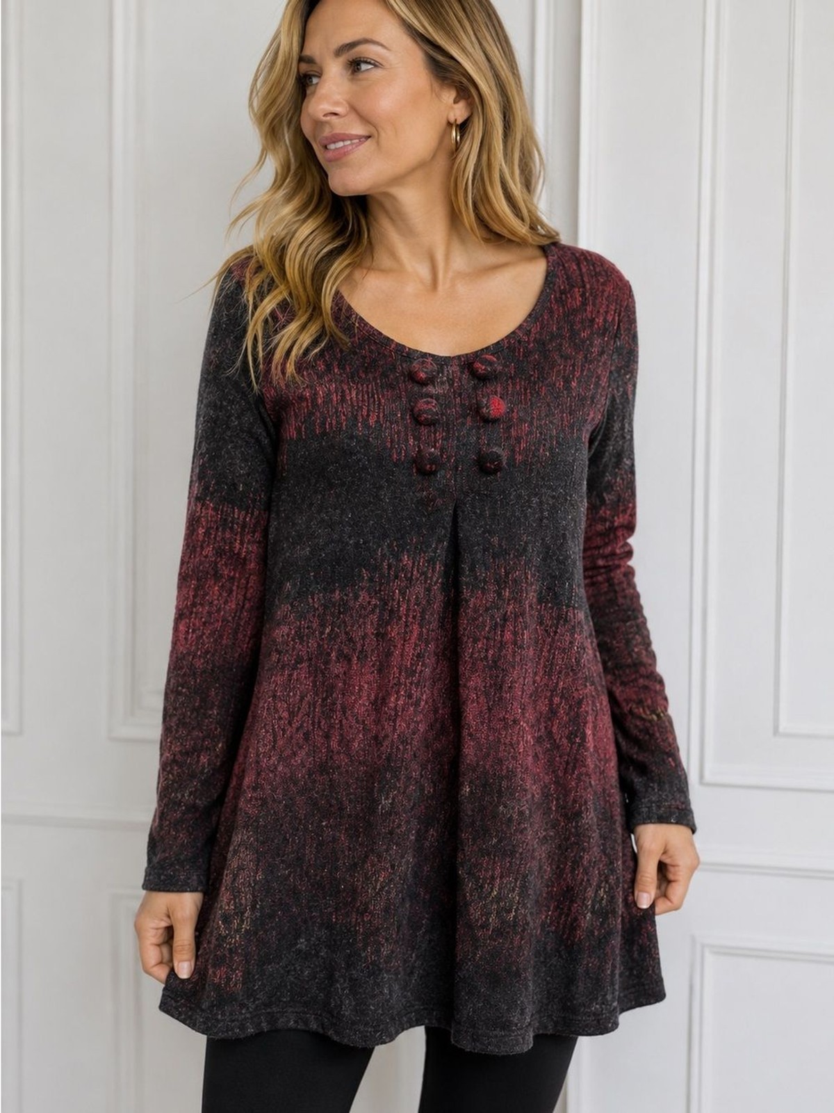 Aryeh Ombre Button Front Swing Tunic – Wine & Charcoal