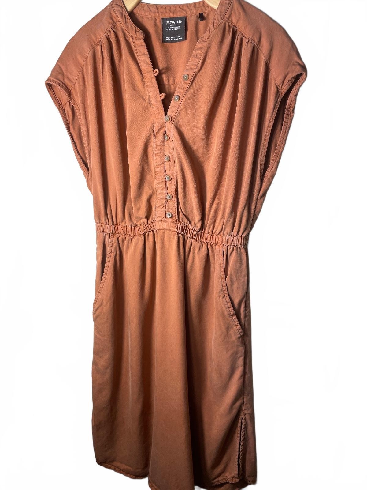 prAna Midi Womens Size XS Rust Orange Tencel Lyocell Dress Button Front Pockets