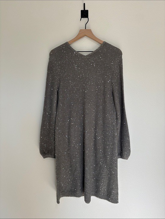 NWT Ann Taylor LOFT Chunky Knit Sequin Shift Sweater Dress Holiday Grey Medium