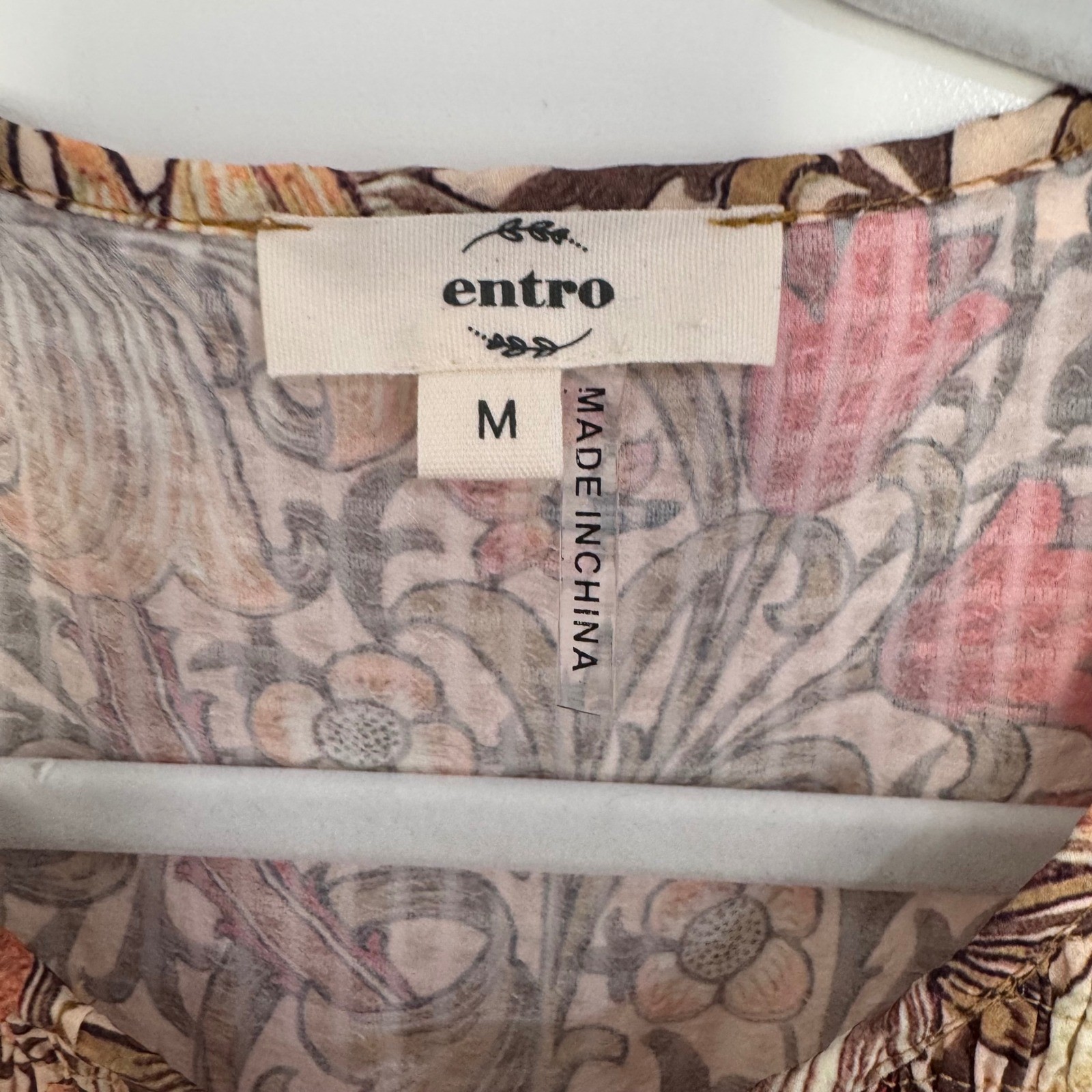 Entro Floral Smocked Mini Dress Long Sleeve Boho Tan Red Brown D21560 Womens M