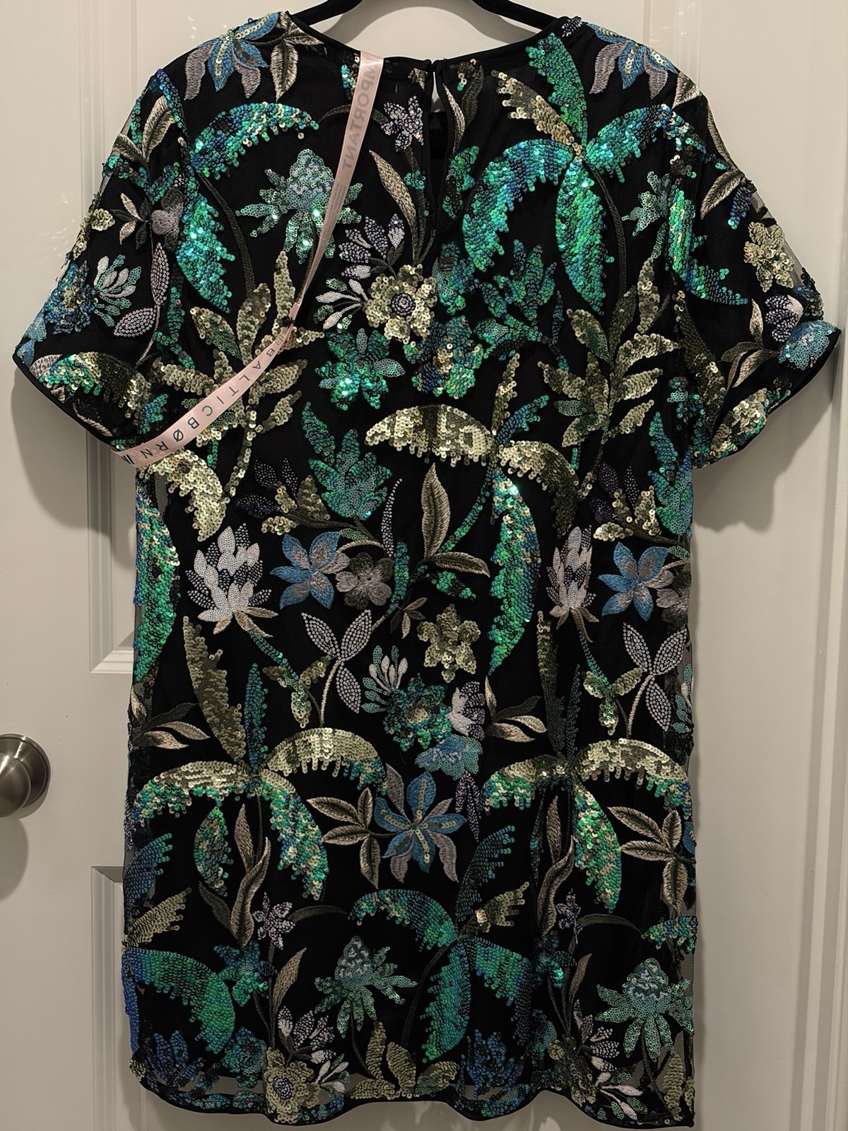 Baltic Born Squires Sequin Floral Mesh Shift Dress XL Short Sleeve Short