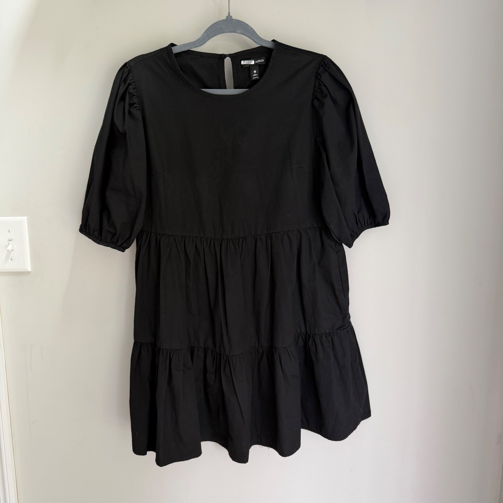 Aqua Black Puff Volume Sleeve Short Dress Tiered Skirt 100% Cotton Size Small