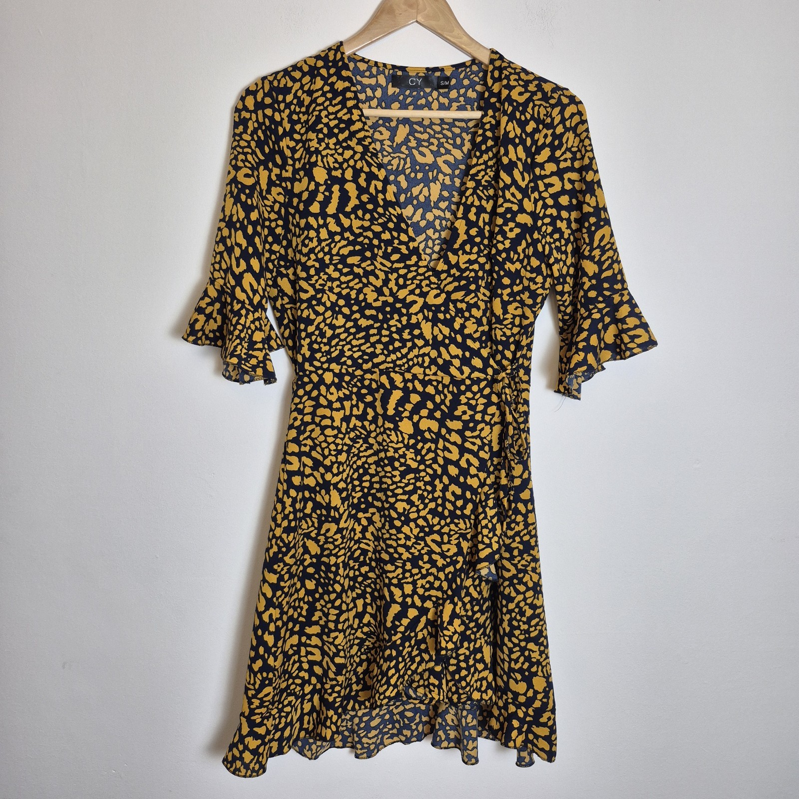 CY S/M Black Yellow Ruffle Frill Wrap Dress 3/4 Sleeve Tea Dress