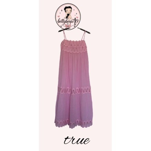 True Pink Maxi Dress Womens XL Lace Trim Tiered Smocked Back Sleeveless