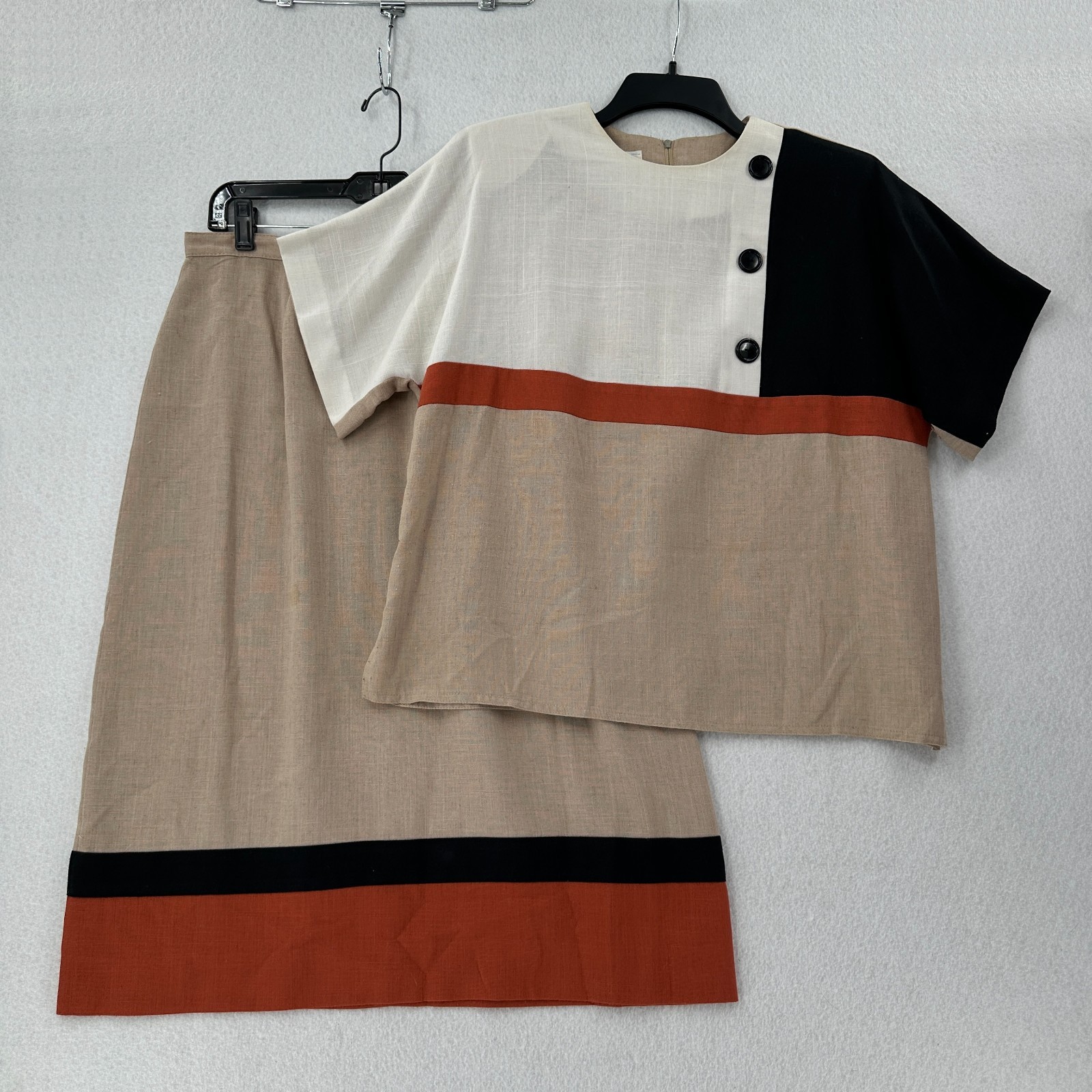VTG Leslie Fay 2 Piece Skirt Set Colorblock Red Black Business Dress LG READ