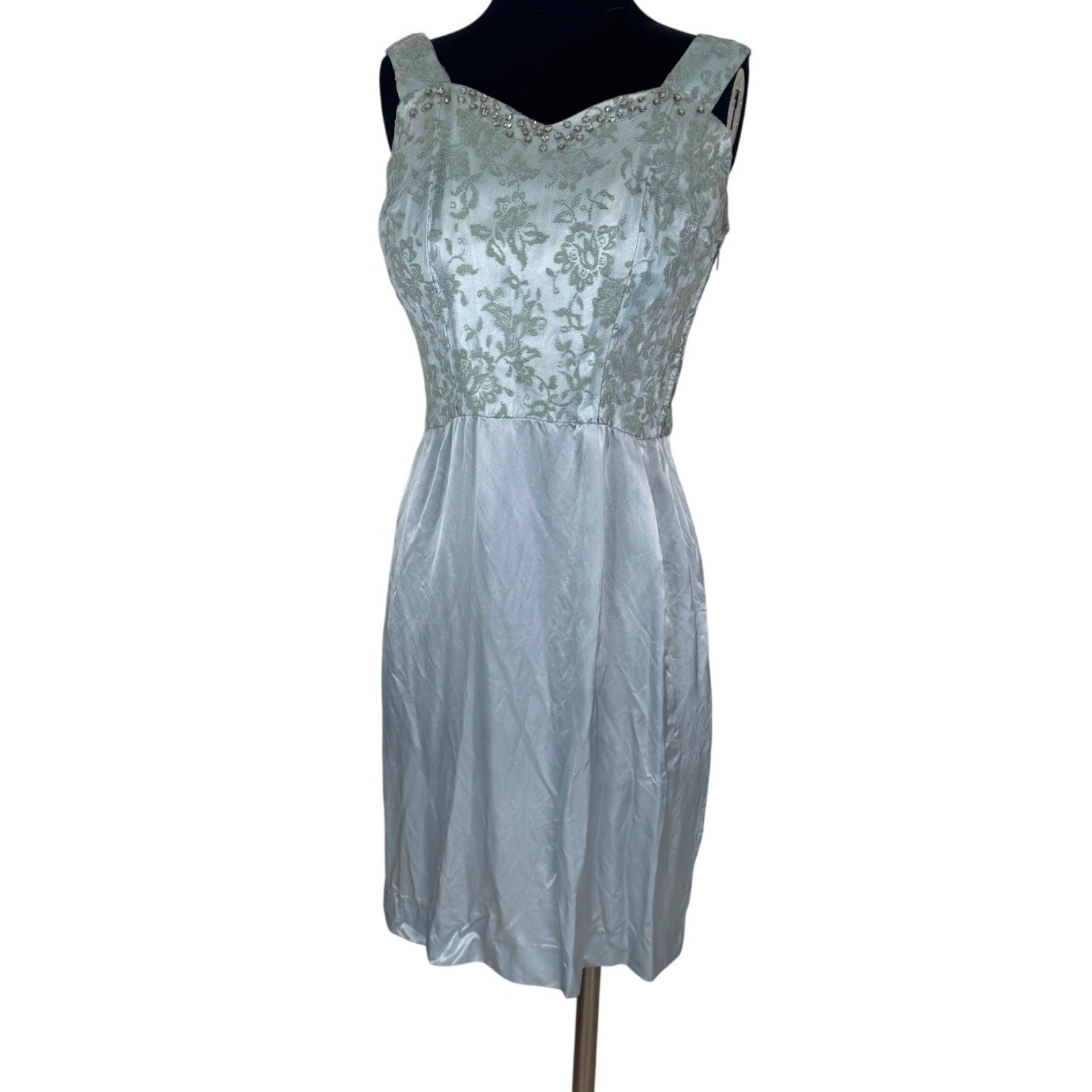 Vintage 1960s Pastel Blue Satin Silver Lace Party Dress Rhinestone TLC Costume S