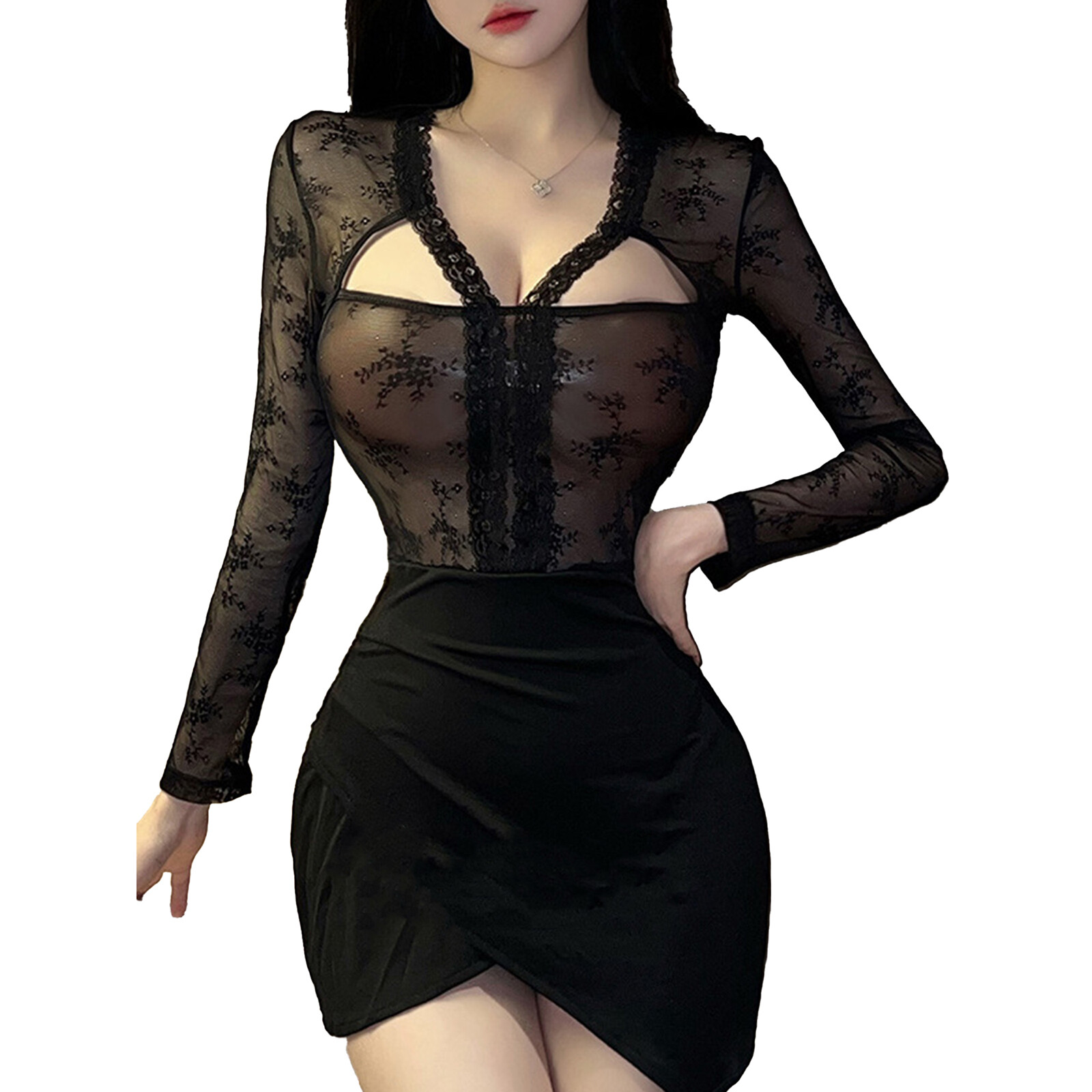Women Sexy Lingerie Set Long Sleeve Cut Out Lace Hip Wrap Dress+Thong Night Wear