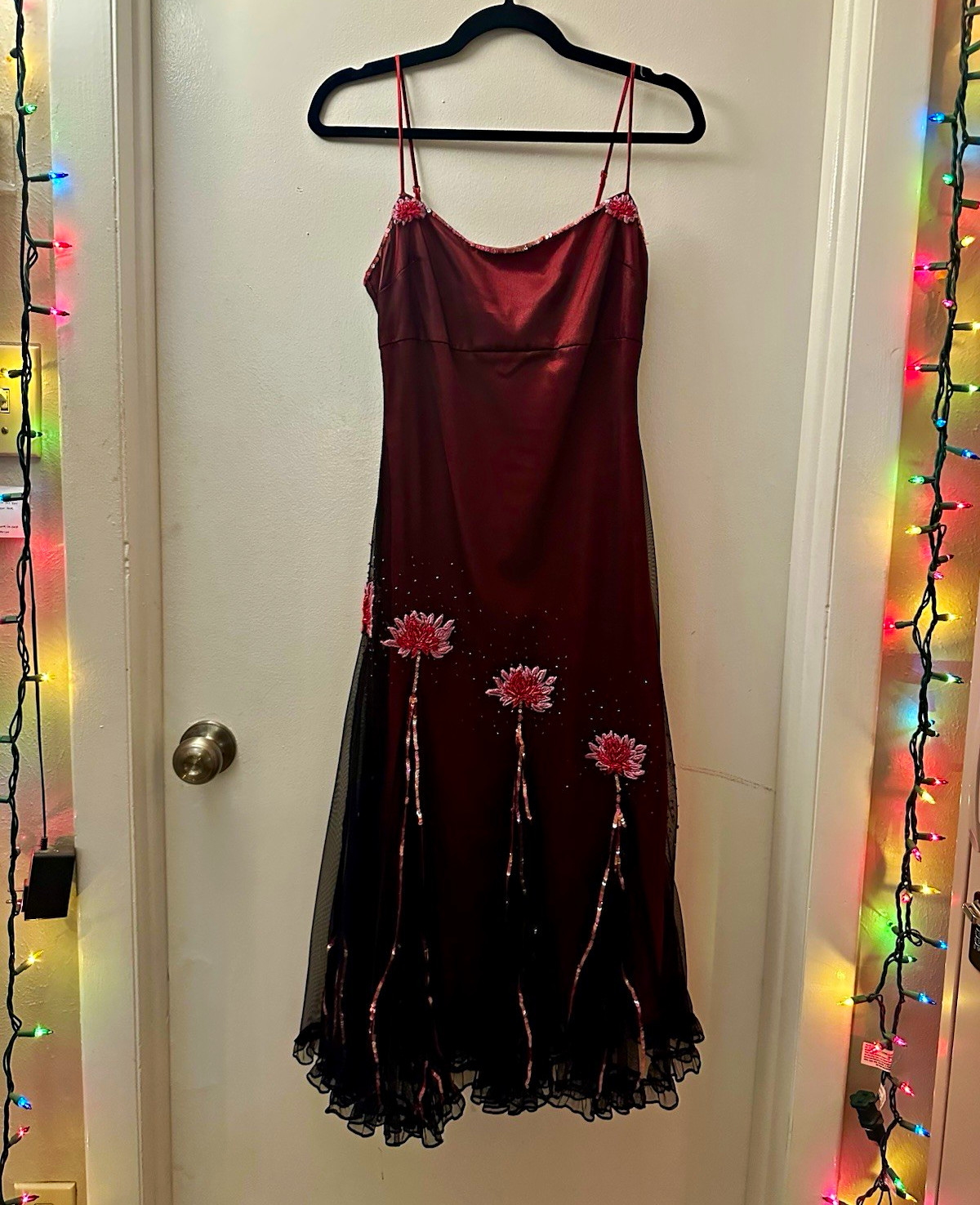 Vintage Betsy Johnson Burgundy Satin 90s Spaghetti Strap Midi Dress Size 4