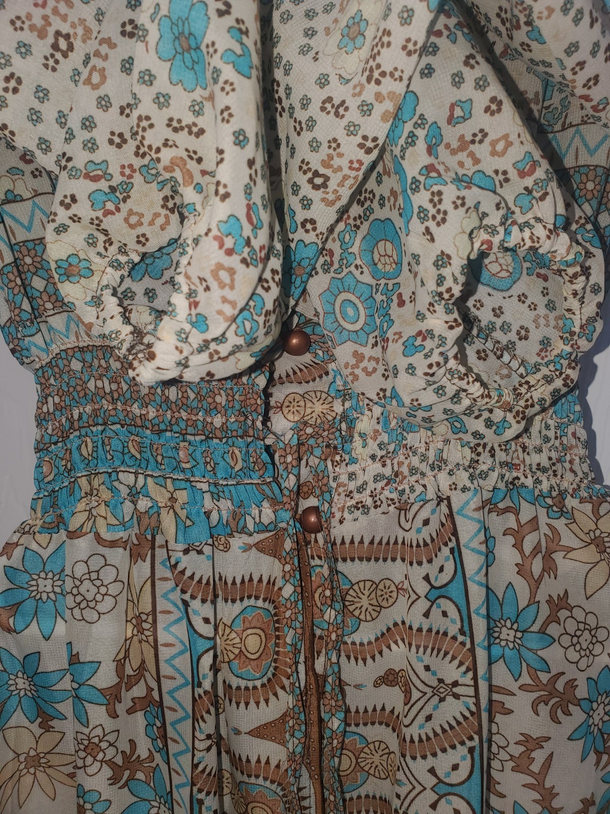 Boho Resort Maxi Dress Fiji XL Smocked Waist Tassel Tie Patchwork Print