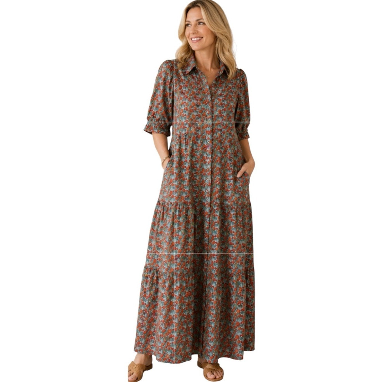 Hyacinth House Womens Orange Teal Floral Cotton Maxi Dress Puff Sleeve Size M