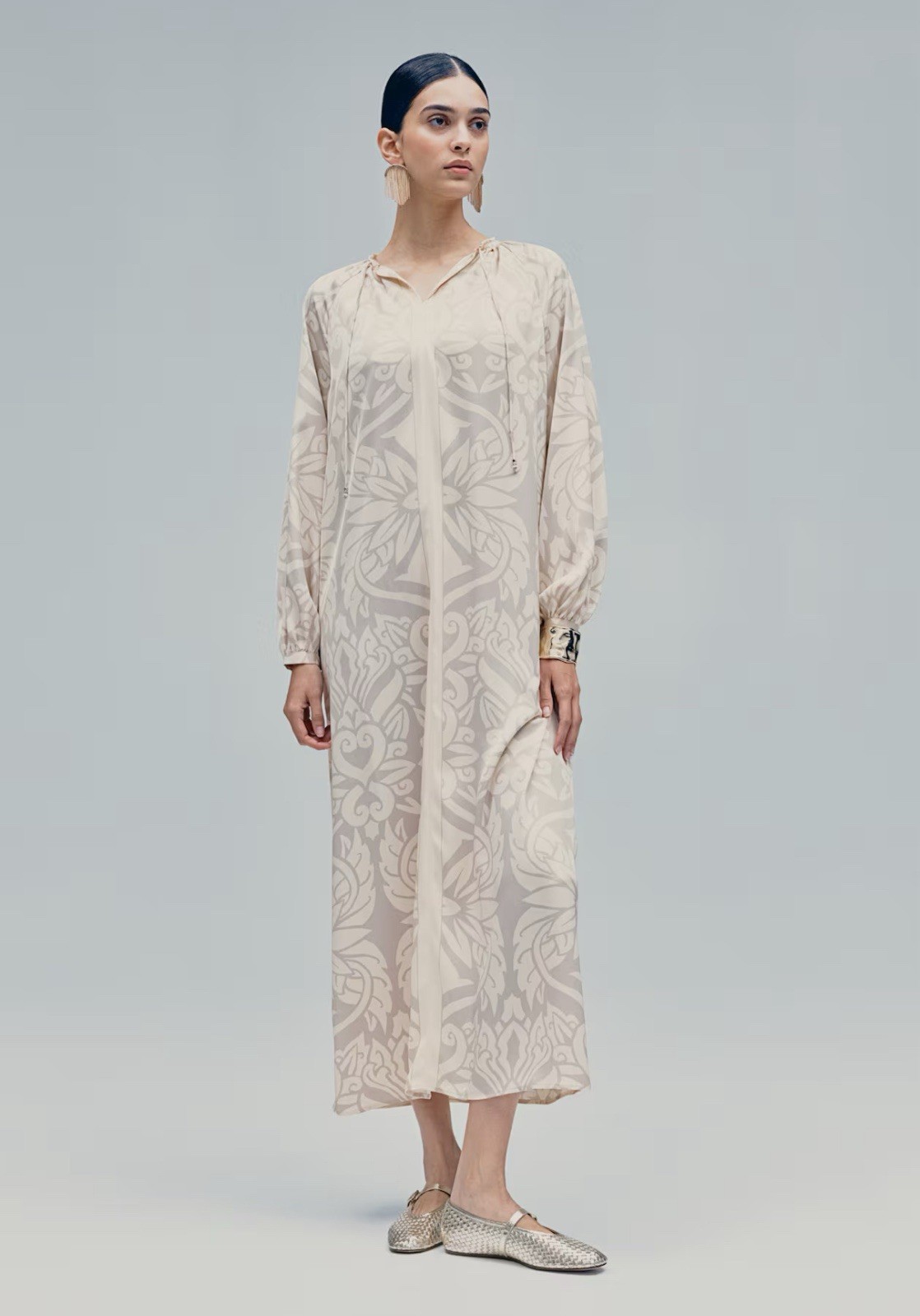H&M Ballon Sleeve Dress Beautiful Light Beige/Patterned Size M