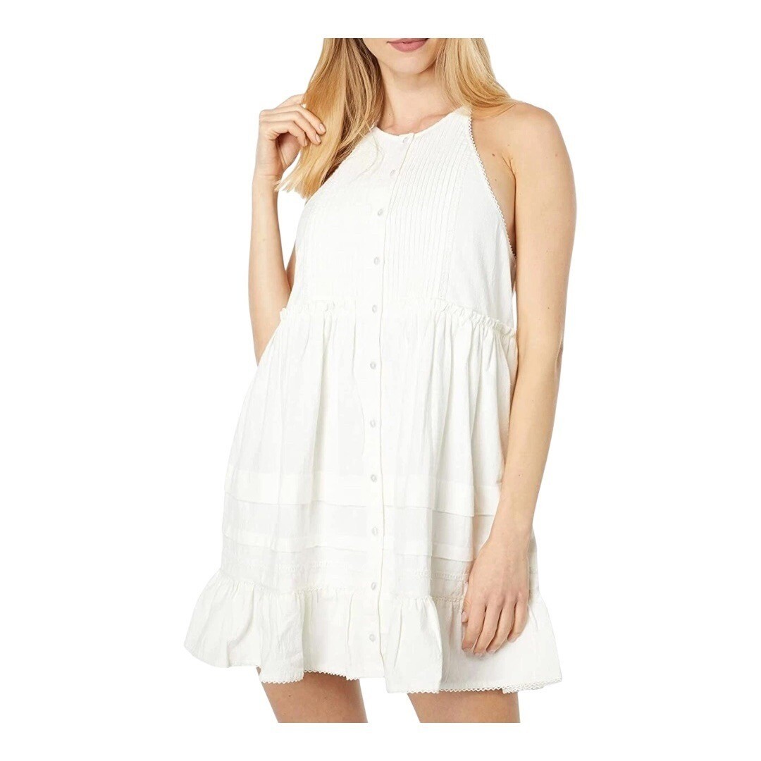 Free People Adella Mini Dress Womens Small Ivory White Boho Open Back Button
