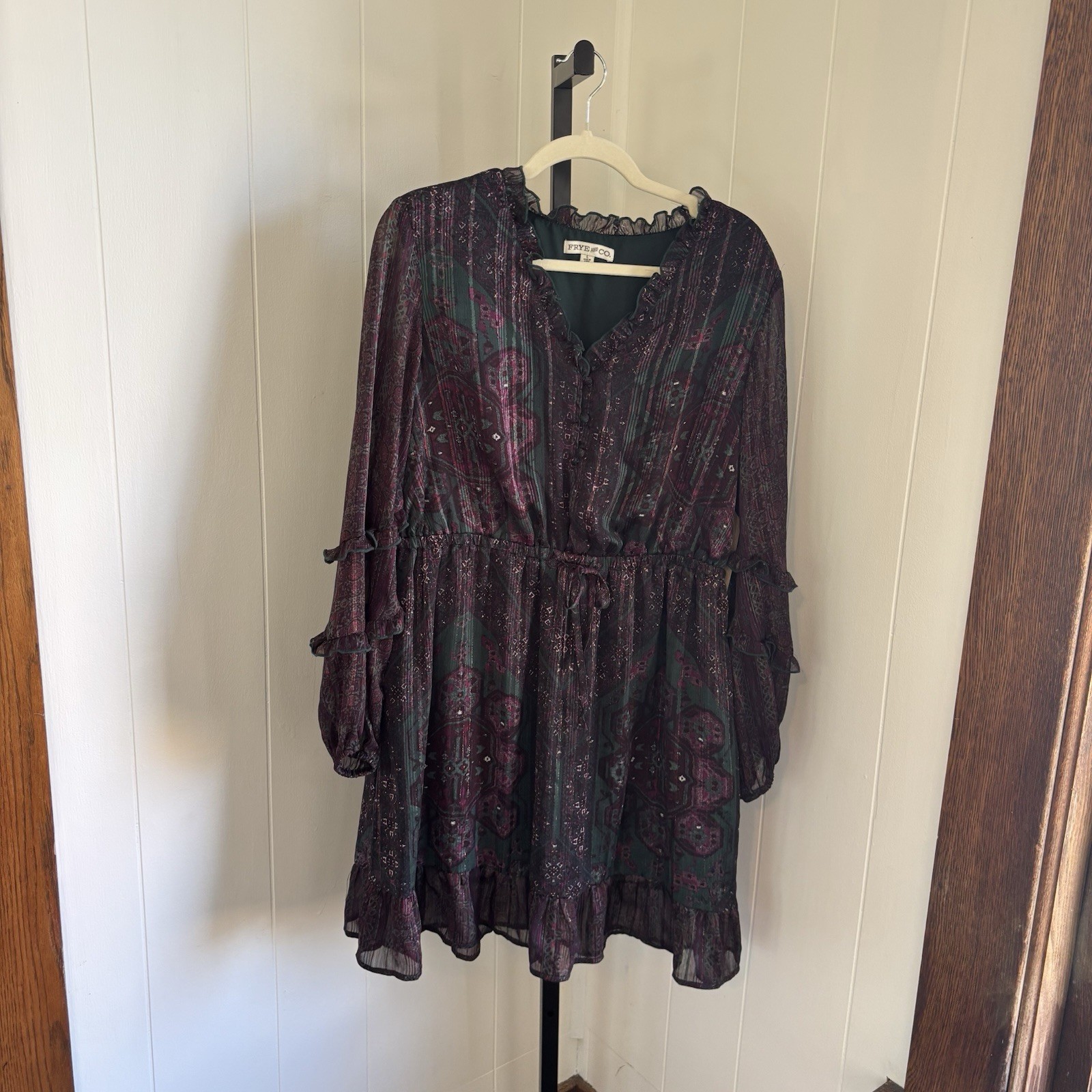 NWT Frye & Co Womens Large Green Boho Tiered Dress Long Sleeve Button Drawstring