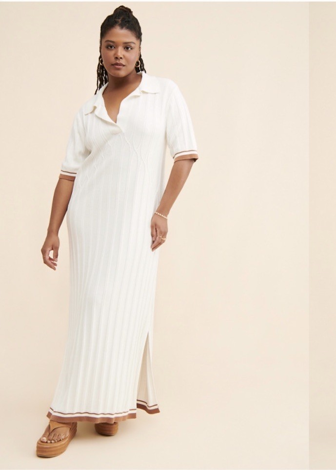 Sancia Liona Maxi Sweater Dress 2XL Ivory Ribbed Knit Collared Contrast Trim
