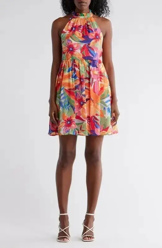 Vince Camuto Floral Print Ruffle Halter Dress Women’s 6 Multi Back Zip Closure