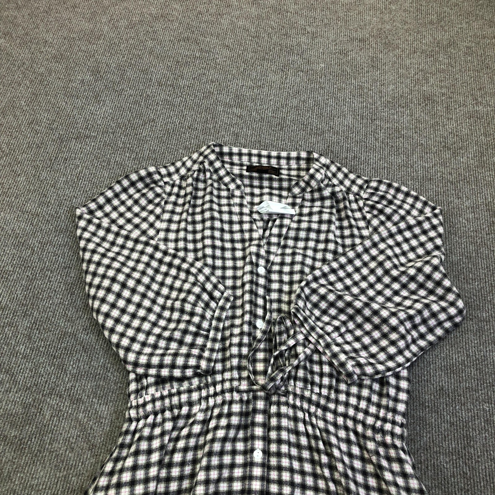 Eddie Bauer Shirt Dress Womens Small Black Plaid Button Belted 3/4 Sleeve Midi