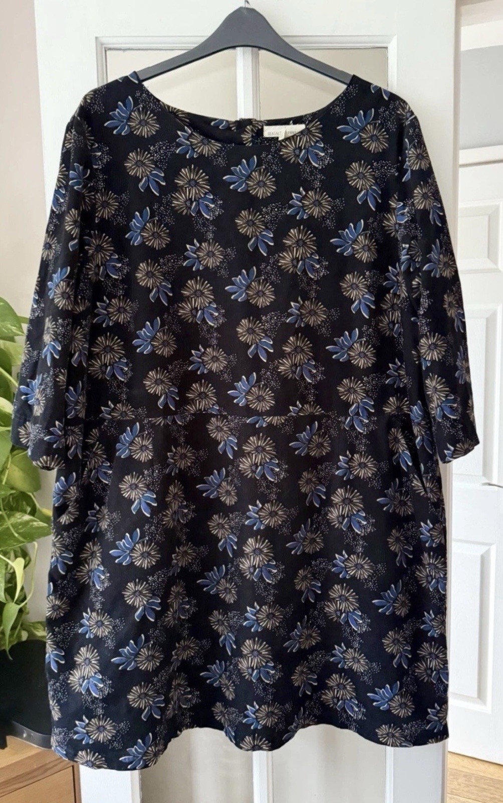 Seasalt Cornwall High Key Dress Needle Cord Tunic Black Blue Floral Size 16-18