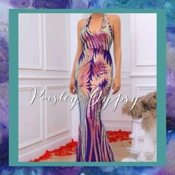 RANDOM PRINT, HALTER, SEQUINED MERMAID MAXI