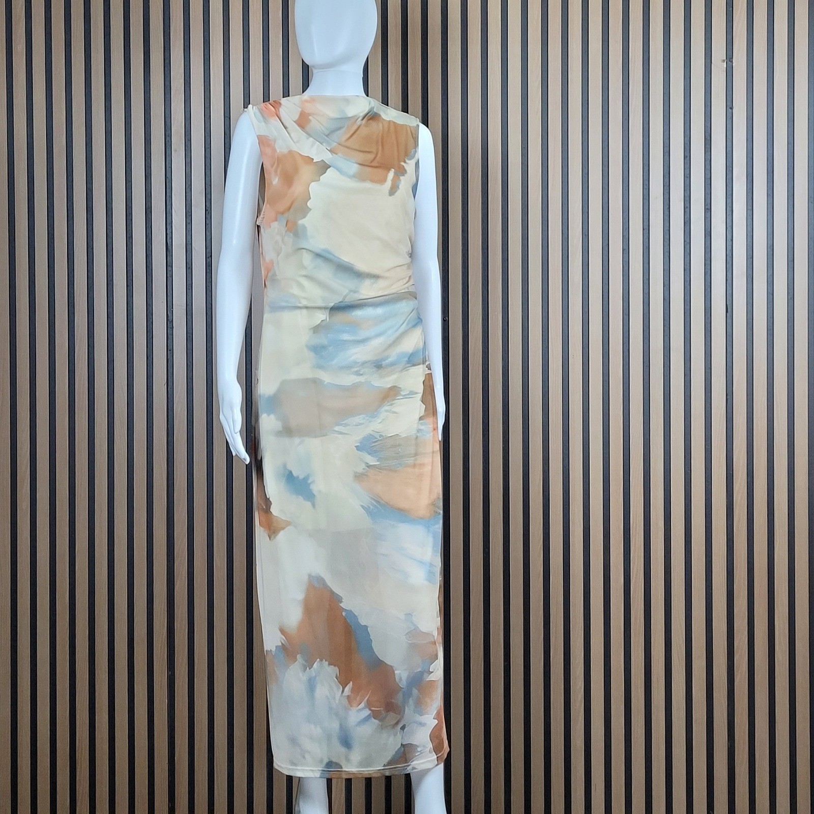 Abstract Watercolor Maxi Dress Tan Blue Ruched Mesh Sleeveless XL