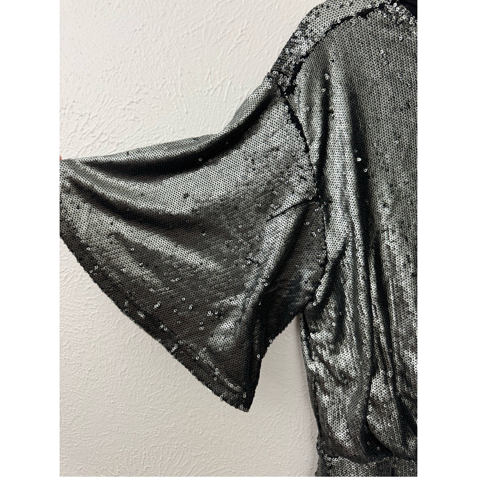 Free People Sequin Mini Dress Size Medium Silver Black Batwing Flawed AS-IS